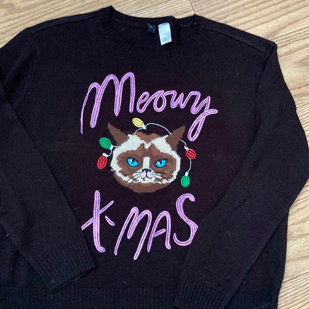 Black cat Christmas sweater meow kitty holiday medium